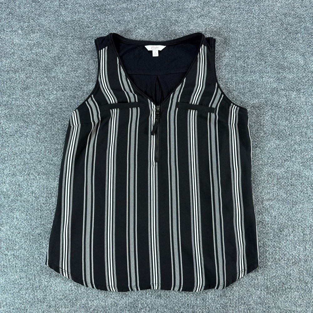 Candies Womens Small Black White Striped Sleeveless‎ Half Zip Shell Blouse Top
